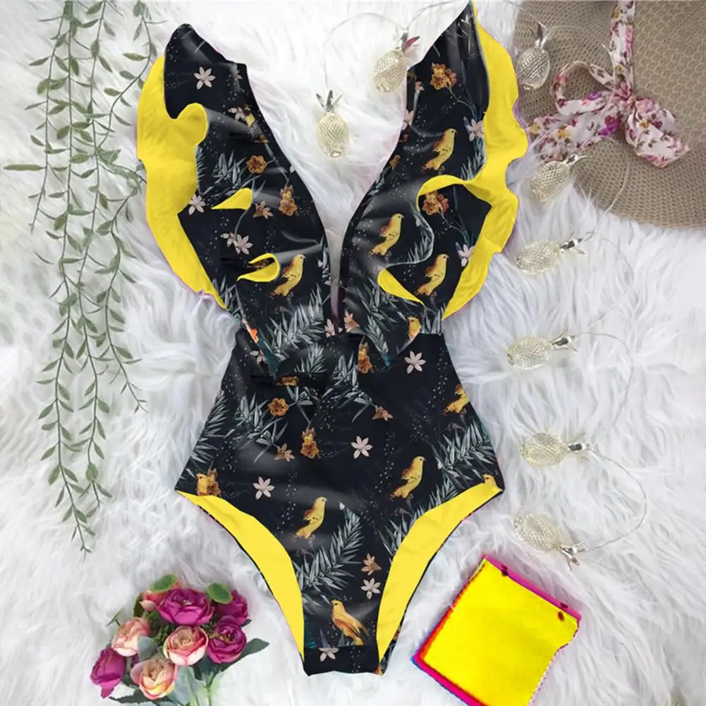 

2024 Women One-Piece Bikini Swimsuit Summer V-neck Ruffle Sleeve Lace-up Monokini Quick-Drying Swimwear Beachwear