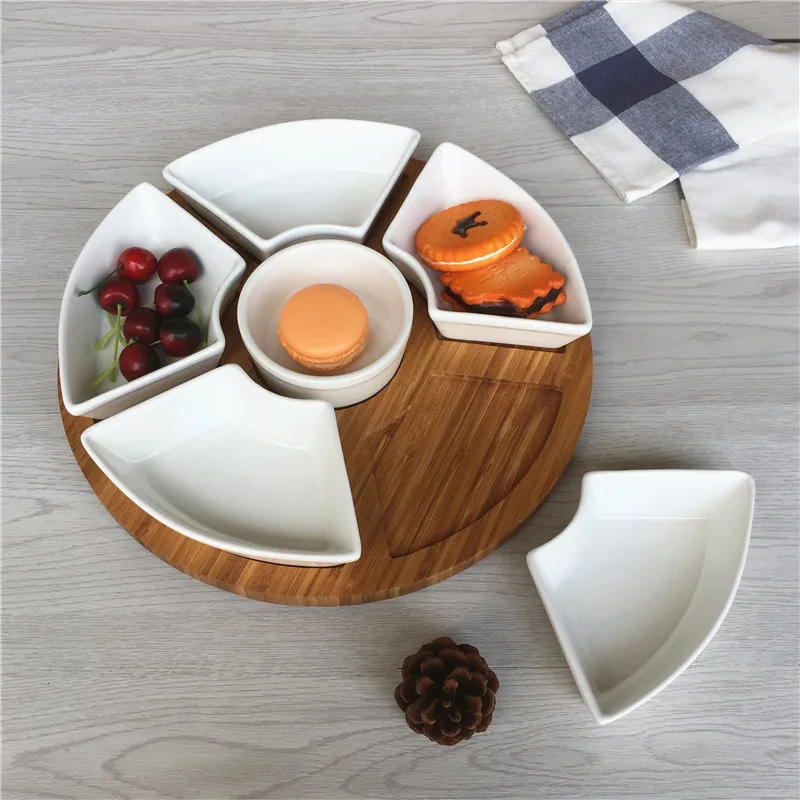 White Ceramics Fruit Tray Snack Dried Nut Dish Home Divided Plate Dessert Vegetarian Salad Platter with Bamboo