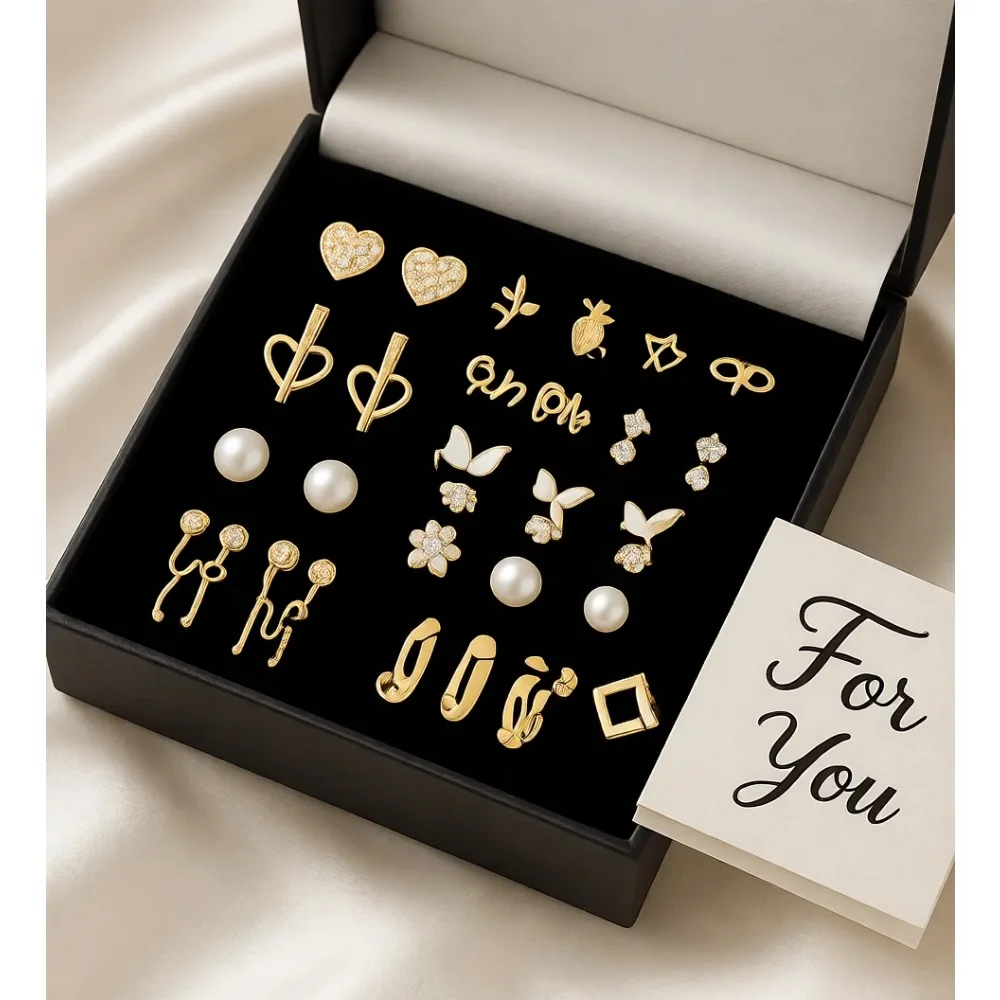 

Набор из 70 пар золотых сережек-гвоздиков для женщин, гипоаллергенные, с жемчугом и кубическим цирконием, подарочный набор