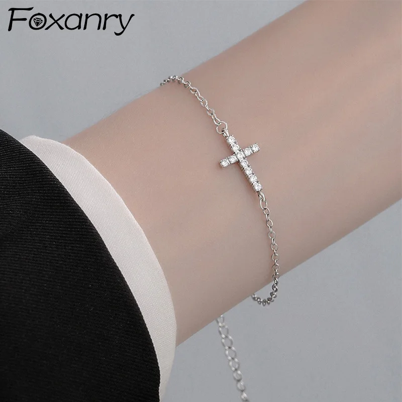 Foxanry Sparkling Zircon Cross Geometric Bracelets For Women Girls Minimalist Classic Fashion Elegant Birthday Jewelry Gifts