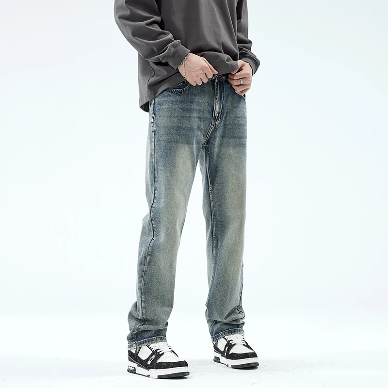 American retro trend washed  loose straight leg jeans men's long pants 2024 new spring and autumn baggy jeans for men
