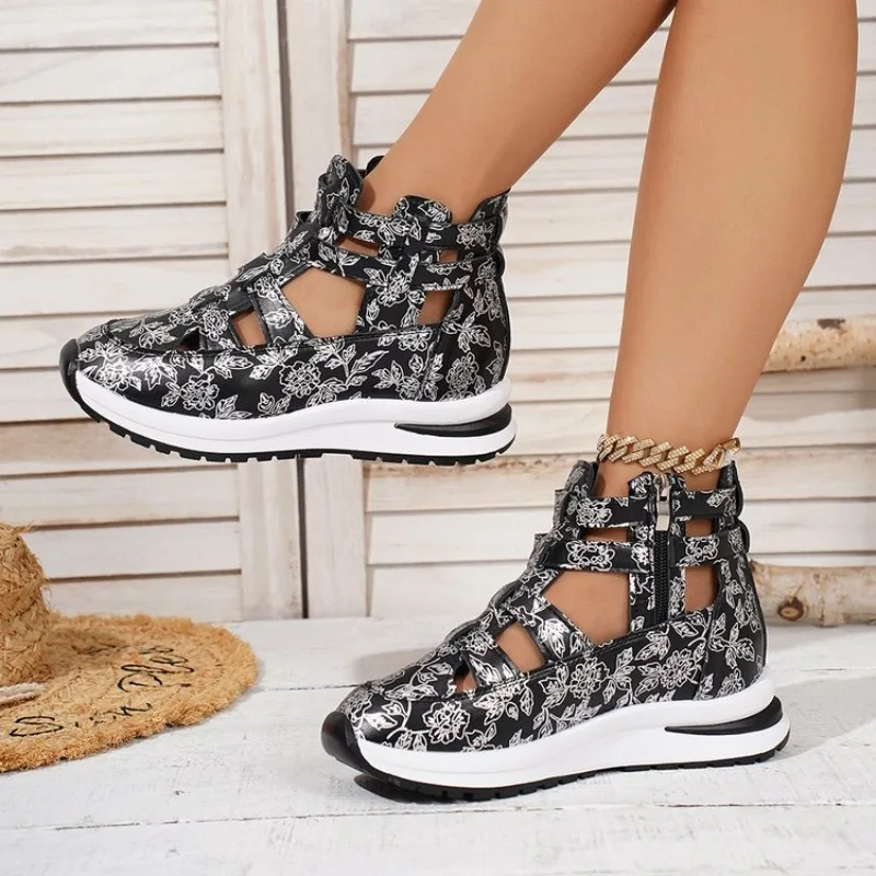 2026 New Women's Thick Heel Heightening Sandals Hollow out round Toe Sporty Style Casual Roman Sandals Rubber Outsole