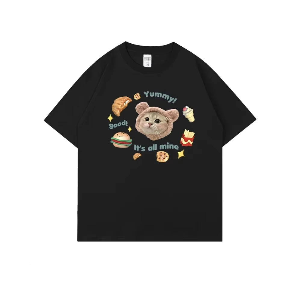 Kawaii gatinho impressão gráfica outono puro algodão masculino e feminino camiseta manga curta rua moda tendência roupas kpop