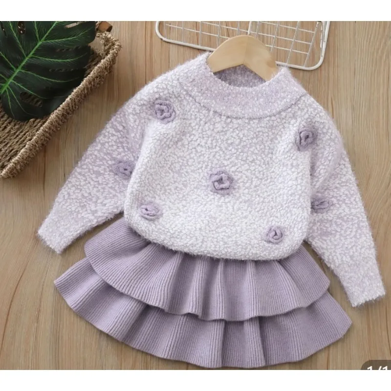 2024 Winter New Korean Girls Solid Three-dimensional Flower Sweater Knitted Sweater Foreign Leather Pleated Skirt Two-piece Set