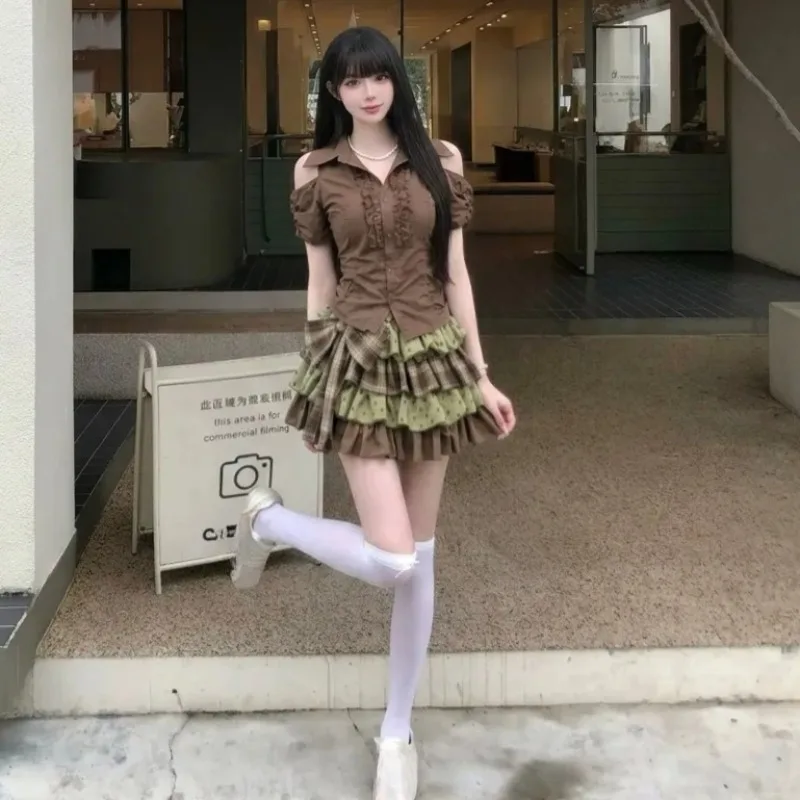 Japanese Y2K Vintage Two-Piece Outfit Brown Cold Shoulder Blouse Tiered Ruffle Plaid Polka Dot Mini Skirt Casual Streetwear 2pcs