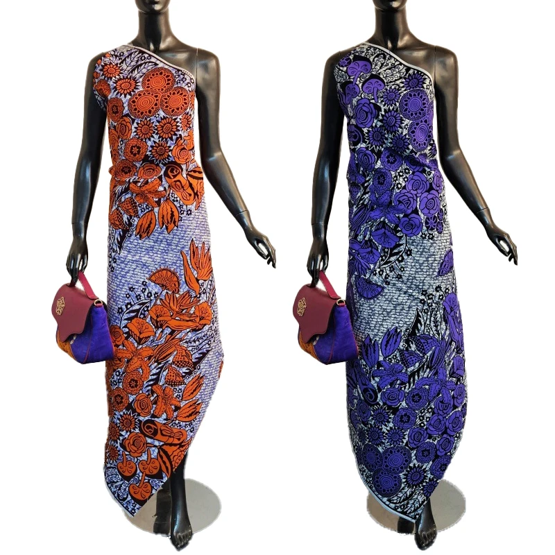 6Yards Long Cotton African Style Wax Fabric with Orange Floral Printing for Sewing Dress Sofa Curtain Tablecloth FR2758
