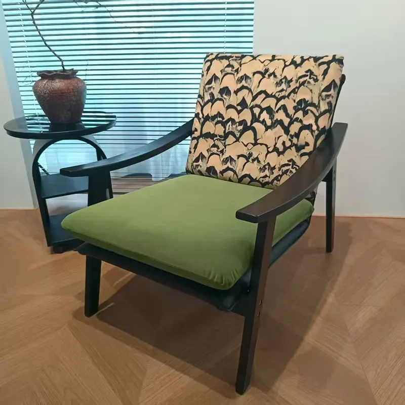 Modern Retro Single Sofa Chair Solid Wood Floral Pattern Leather Recliner Leisure Furniture for Office Living Room Hotel