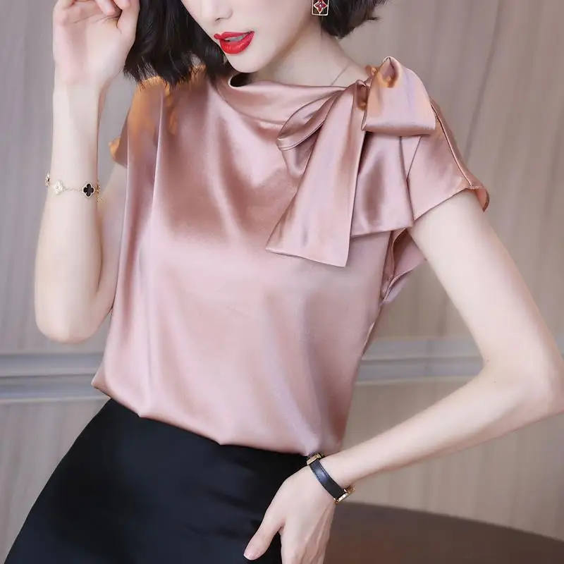 Temperament Bow Patchwork Blouse Summer New Solid Color Thin Loose Short Sleeve Elegant Shirt Tops Fashion Trend Women Clothing