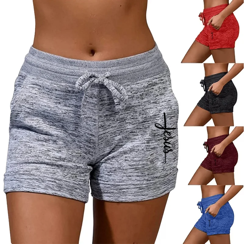 Minimalistische Yoga-Shorts mit Schrift |   Line Art Sporthose mit Jesus-Motiv |   Atmungsaktive, baumwollähnliche Trainingskleidung, 5 Größen S-4XL