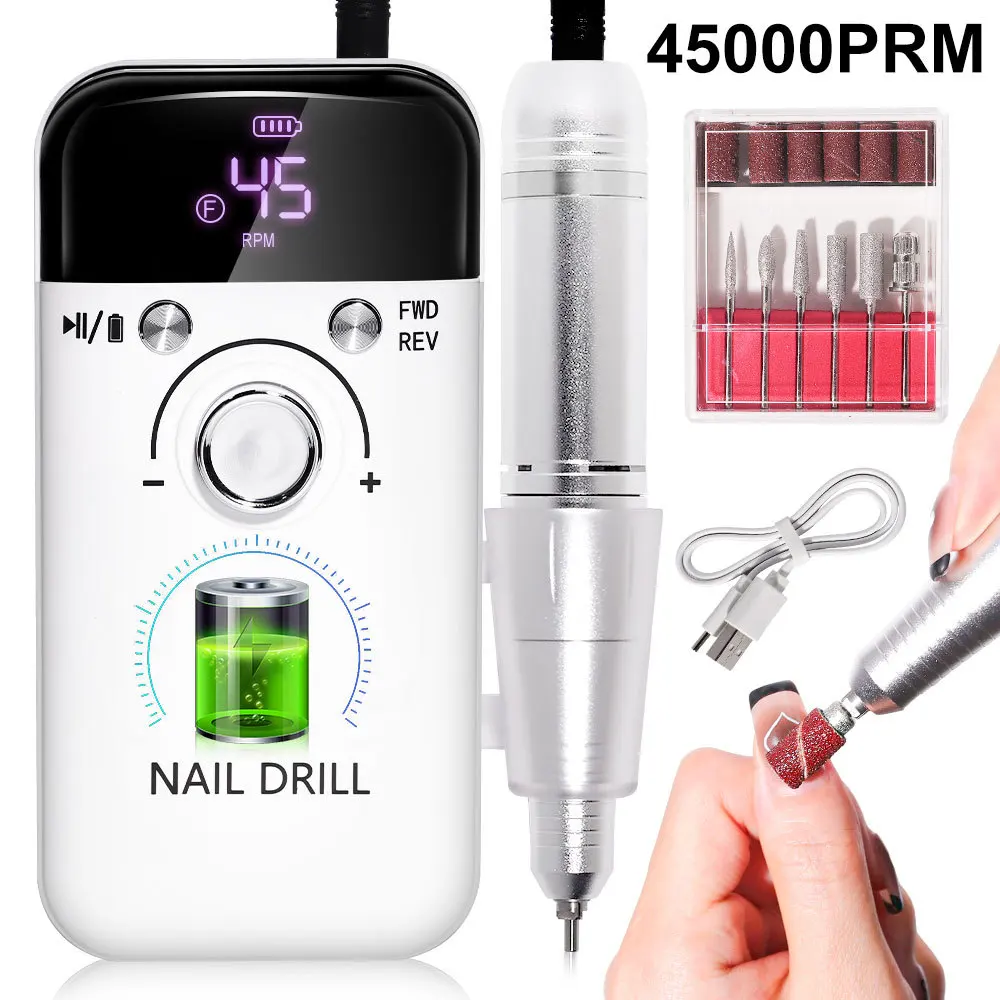 Máquina recarregável prego broca com LCD, baixo ruído, lixadeira profissional, unha polonês, Unhas Conjunto de Acessórios, 45000RPM, original