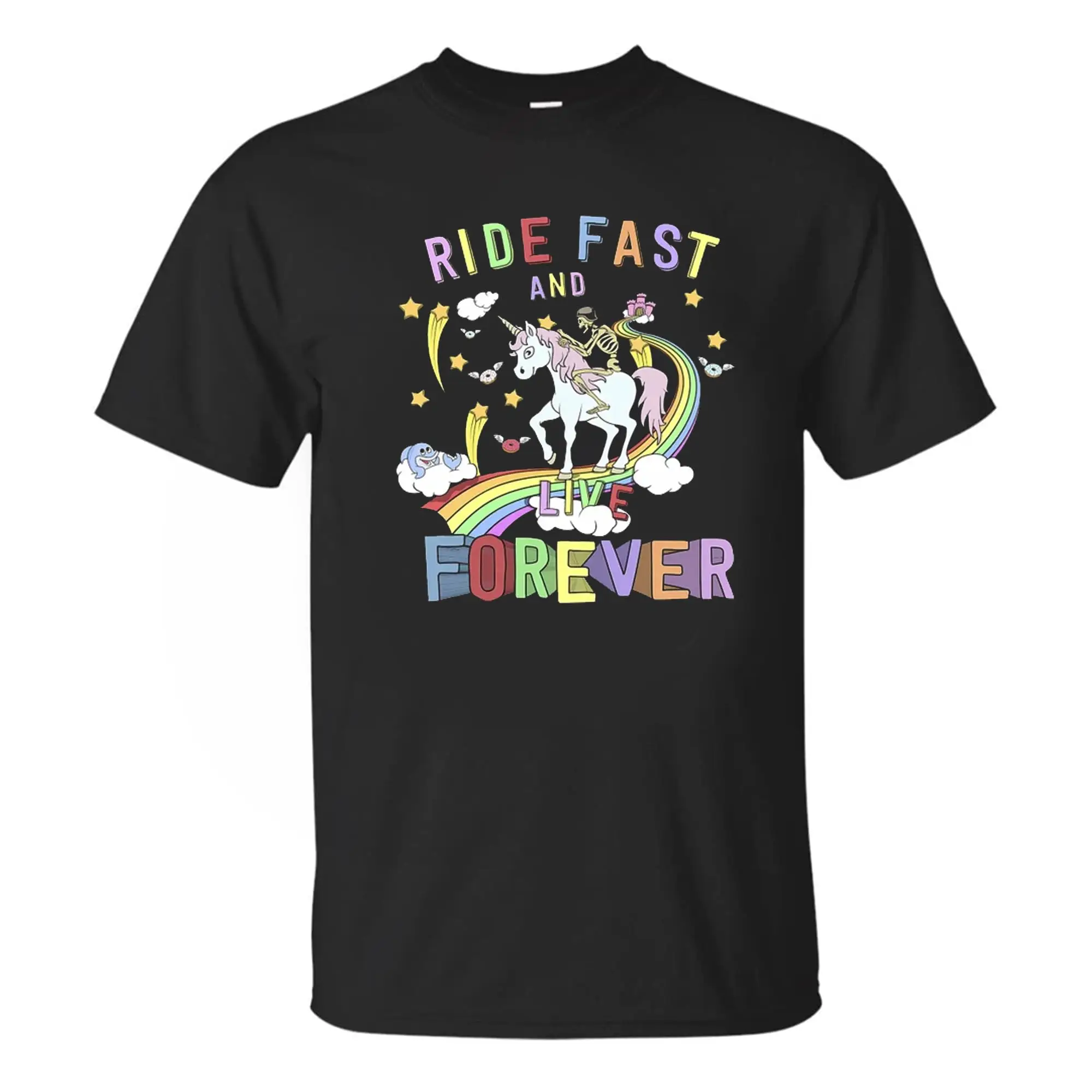 Fahren schnell und leben für immer skelett regenbogen biker t-shirt, hemd, einhorn hemd black anime grafische t-shirts für männer cl