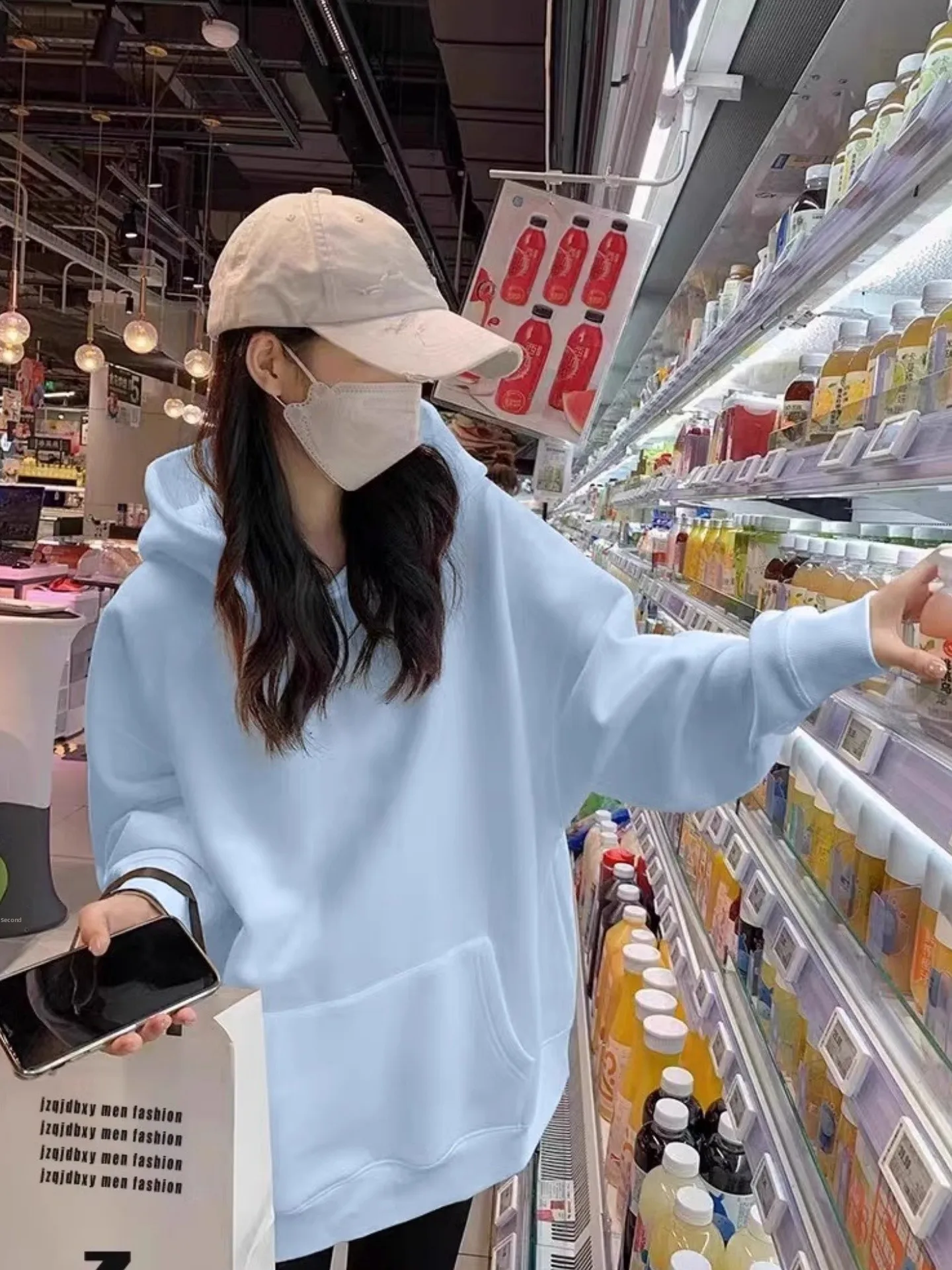 

Blue Fce Lined Thiened Hoodie Women's Loose Warm Top Korean Sle Lazy Faion Autumn Winter New Arrival Casual Streetwear