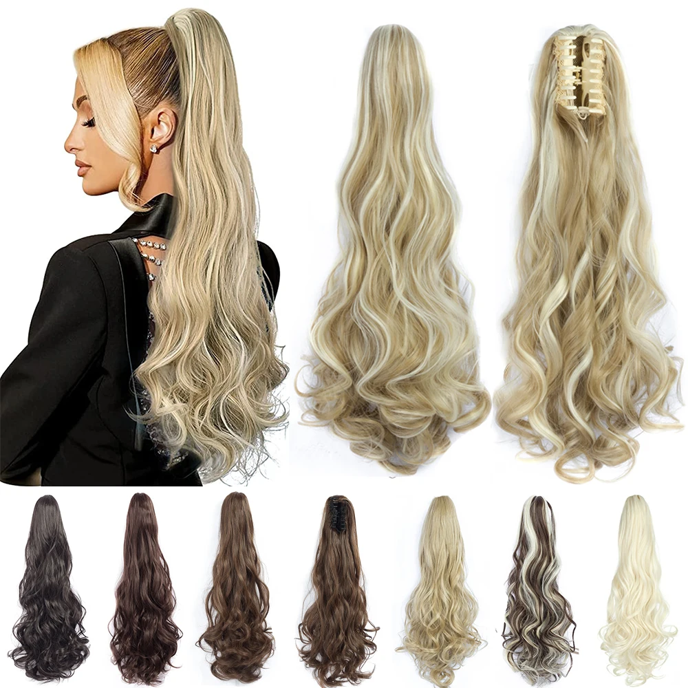 Synthetic Extension Long Wavy Natural Hair 24Inch Ponytail Claw Clip Fake Hairpiece Black Brown Blonde For Women