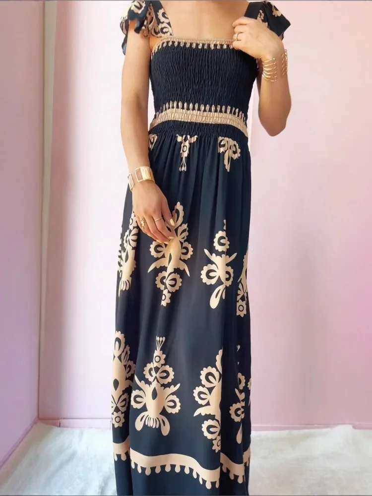 Abito con stampa Boho alla moda Lady Casual Sexy con cinturino per spaghetti Abiti larghi a vita alta per le donne Gonna da spiaggia per le vacanze Abbigliamento da donna