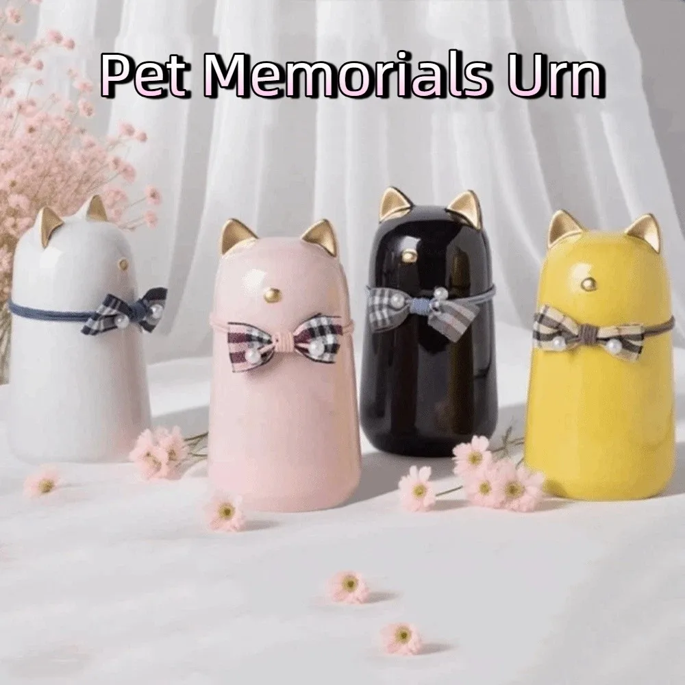 

Керамическая урна для праха питомца в форме кошки с бантом, ручной работы, декоративная, для домашнего декора