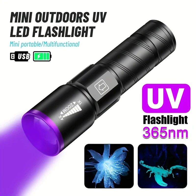 395nm LED UV Flashlight Type C Rechargeable Zoom Torch Light for Ink Dryer Money Fluorescer Detector UV Oil Curing Purple Light