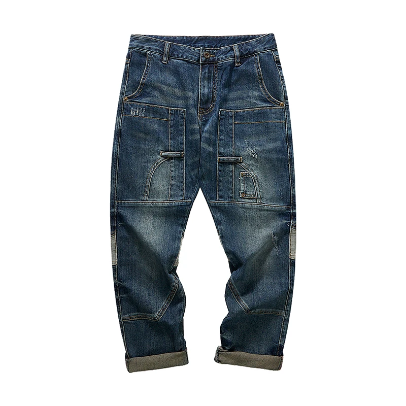 New Arrival Hot Sale Top Fashion Autumn Zipper Fly Stonewashed Casual Patchwork Cargo Denim Pockets Cotton Jeans Men