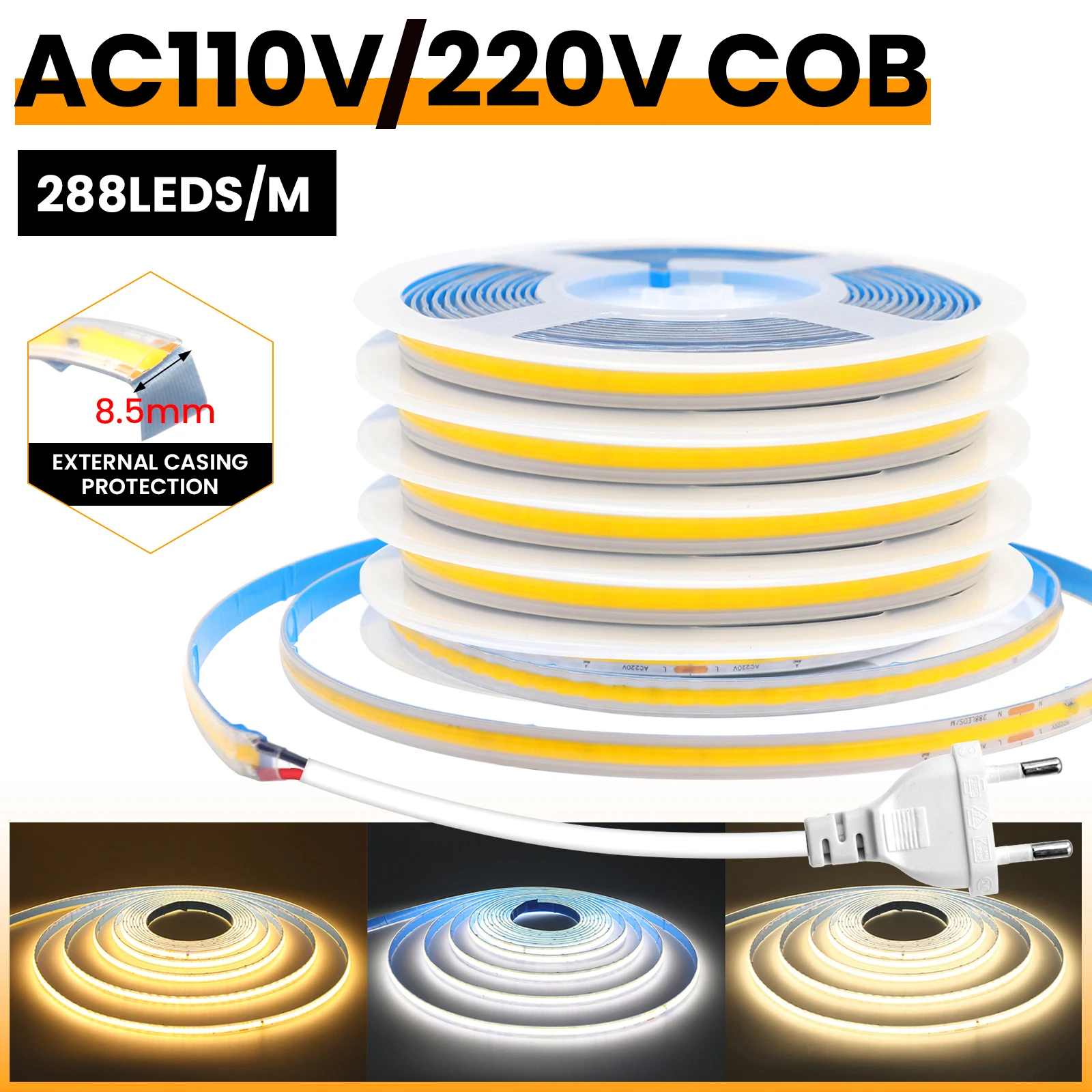 AC110V 220V COB Neon Light Strip Waterproof 288LEDs/m with Double Sided Ribbon Rope Tape for Indoor Outdoor Decor