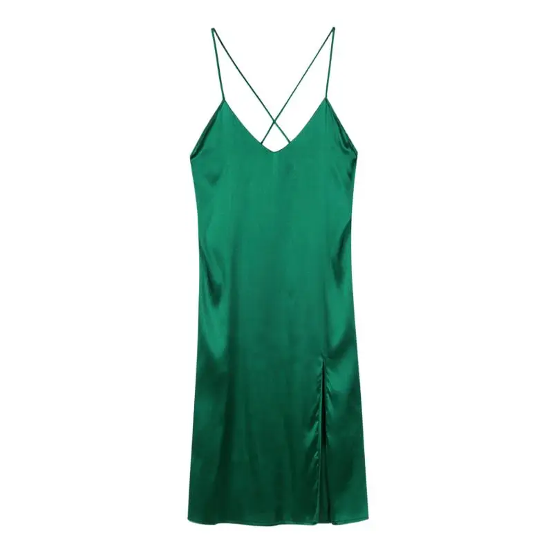 الصلبة الساتان مثير نادي السباغيتي الأشرطة فستان الصيف المرأة الخامس الرقبة أكمام فستان طويل سيدة عالية الشق عارية الذراعين موضة Vestidos