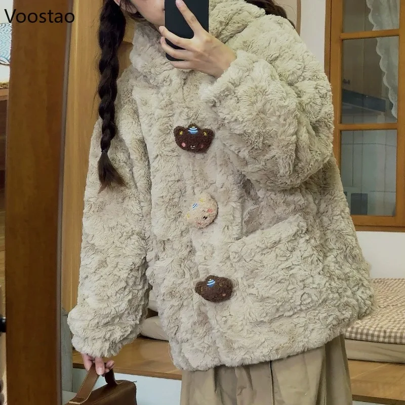 

Японская милая Лолита, пальто с капюшоном и ушками медведя, женская кавайная плюшевая теплая куртка с героями мультфильмов, милая одежда для девочек, пальто в стиле Харадзюку Y2k, топы