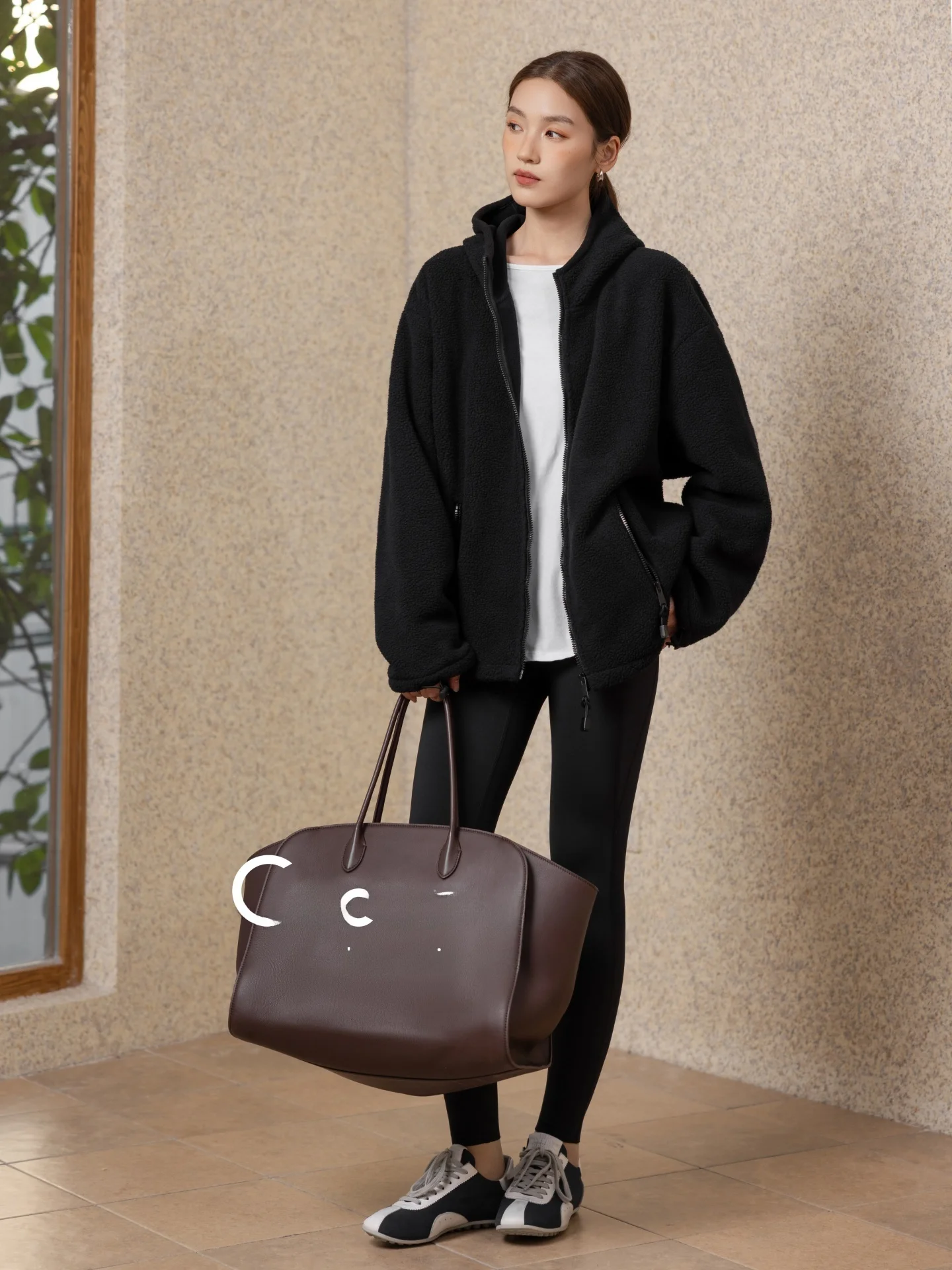 

Zone Pure Color Hooded Jaet Zipper Casual Loose Warm Outerwear Women's Retro Sle Long Sve Polyester Fiber Coat