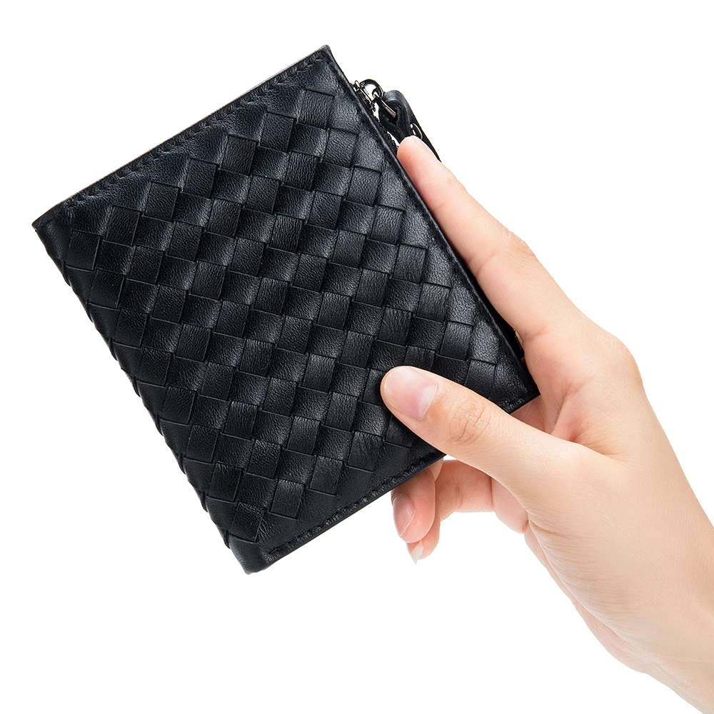 2022 New Weave Wallets 100% Sheepskin Leather Men Short Wallet Multifunction Card Holder Luxury Women Coin Purse Portable Clutch