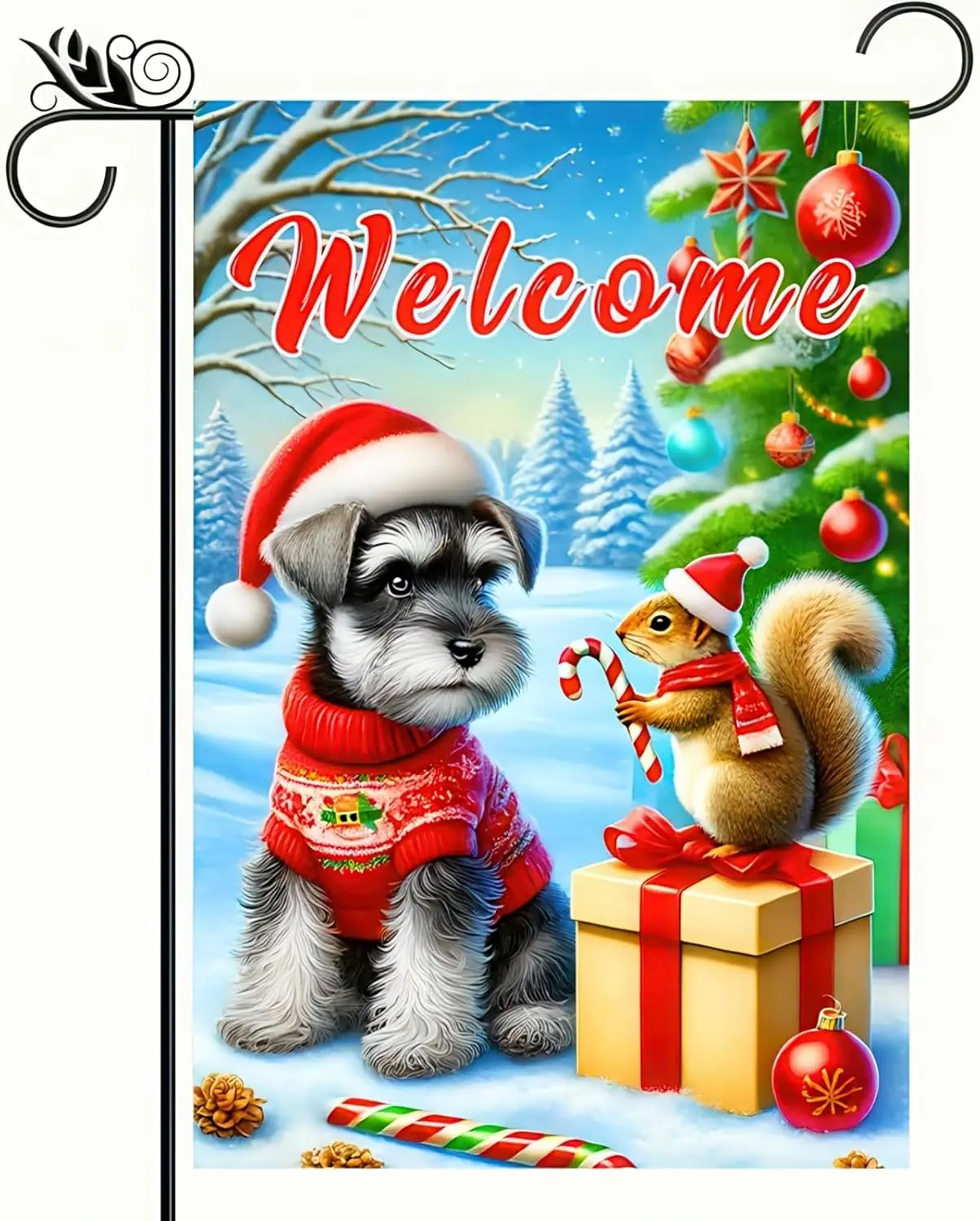 Welcome Garden Flag Double Sided 12x18 Flag Dog Christmas Garden Flag Cute Schnauzer And Squirrel With Candy Canes Pet Theme VVL