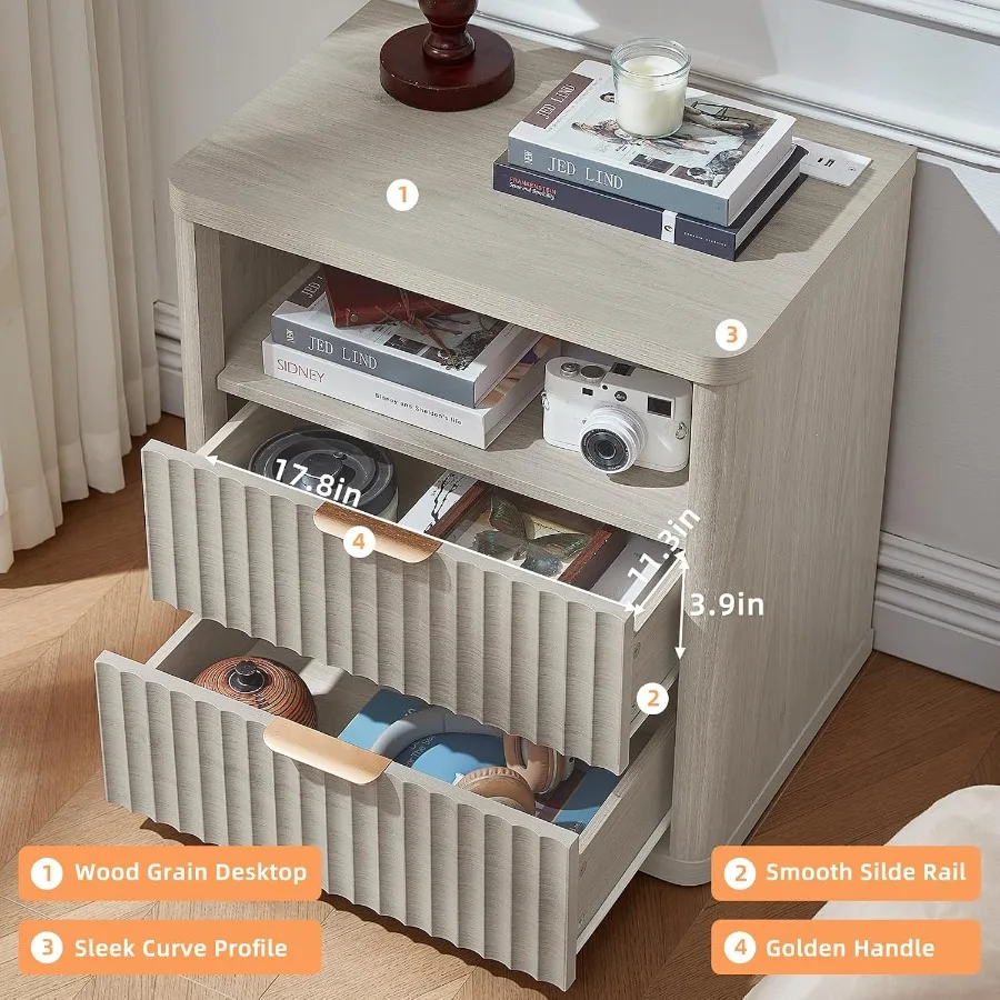 Fluted Nightstand with Charging Station for Bedroom Use, Solid Wood in Natural Finish, Compact 23 Width with Open Storage and F