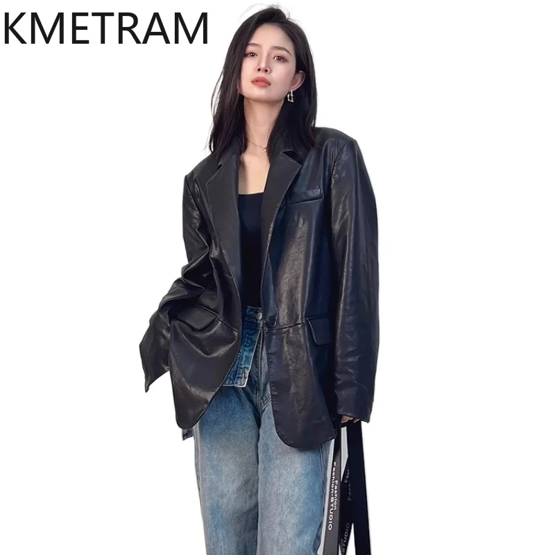 100% Sheepskin Jacket Women Fashion Loose Mid Length Genuine Leather Suit Jackets Woman 2025 Autumn Ladies Clothes дубленка