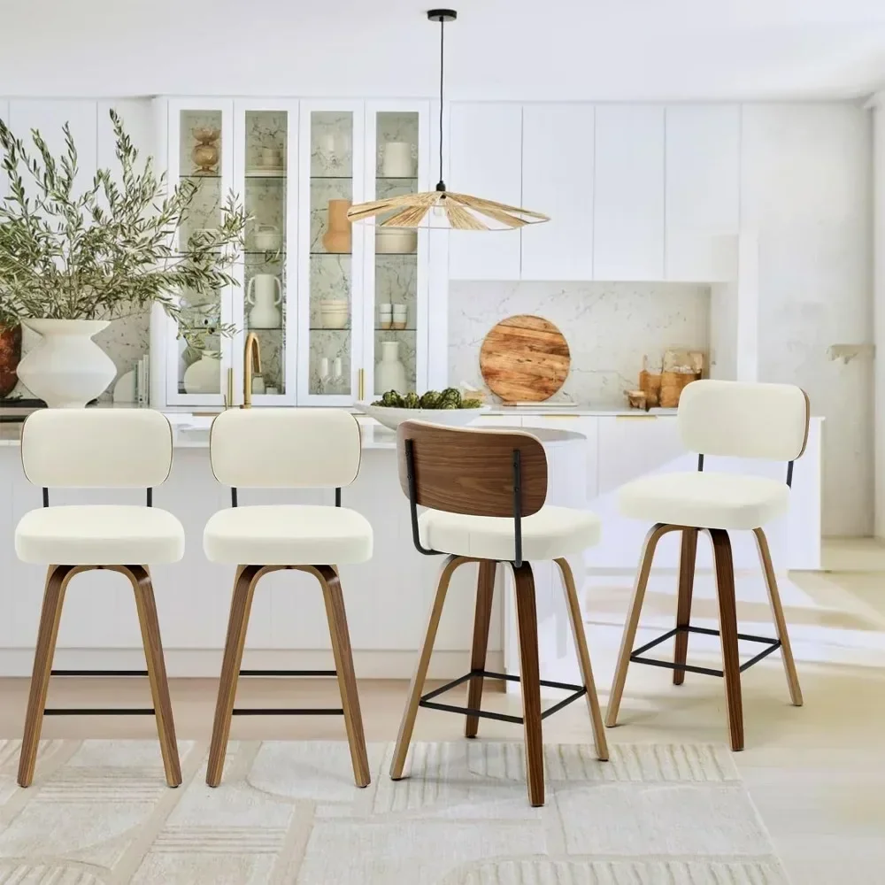 Ensemble de 4 tabourets de bar en similicuir avec dossier et pieds en bois plié, chaise de bar moderne du milieu du siècle, tabouret d'île, 26 po