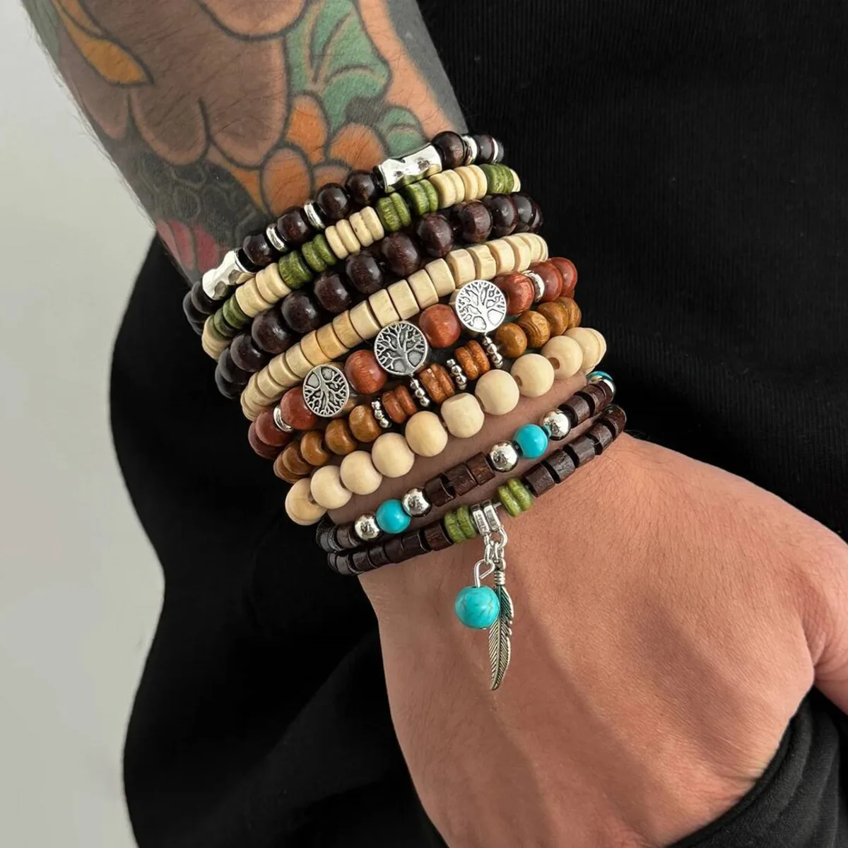 

SHIXIN 9pcs/set Ethnic Feather Tree of Life Pendant Bracelet Men Retro Elastic Rope Chain Wooden Beaded Bracelet Stacked Bangle