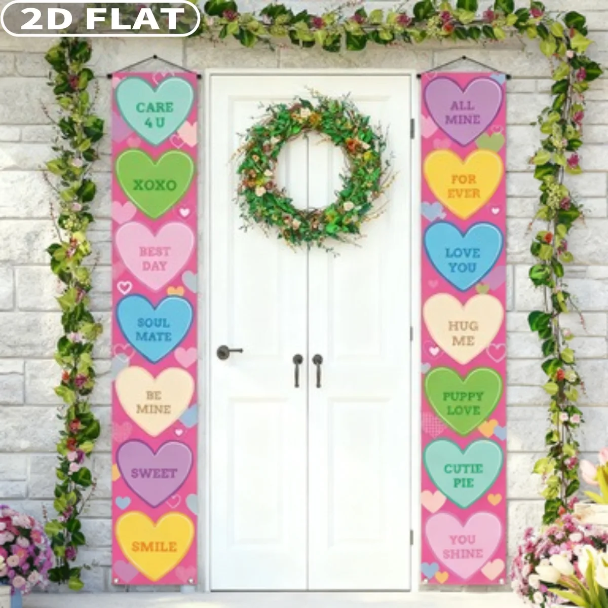 2D FLAT 1 Pair Valentines Porch Banners Couplet 12x71 Inch Polyester Conversation Heart Wedding Anniversary Party Decor Front
