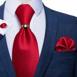 Red Men's Solid Tie Set Handkerchief Cufflinks With Luxury Gold Metal Dragon Ring Wedding Party Accessories 8CM Necktie