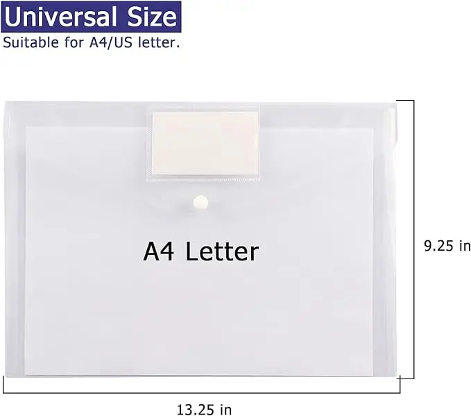 6 Pack Clear Document Folders Plastic Envelopes Poly Envelopes File Envelopes with Label Pocket and Snap Button for Home Work