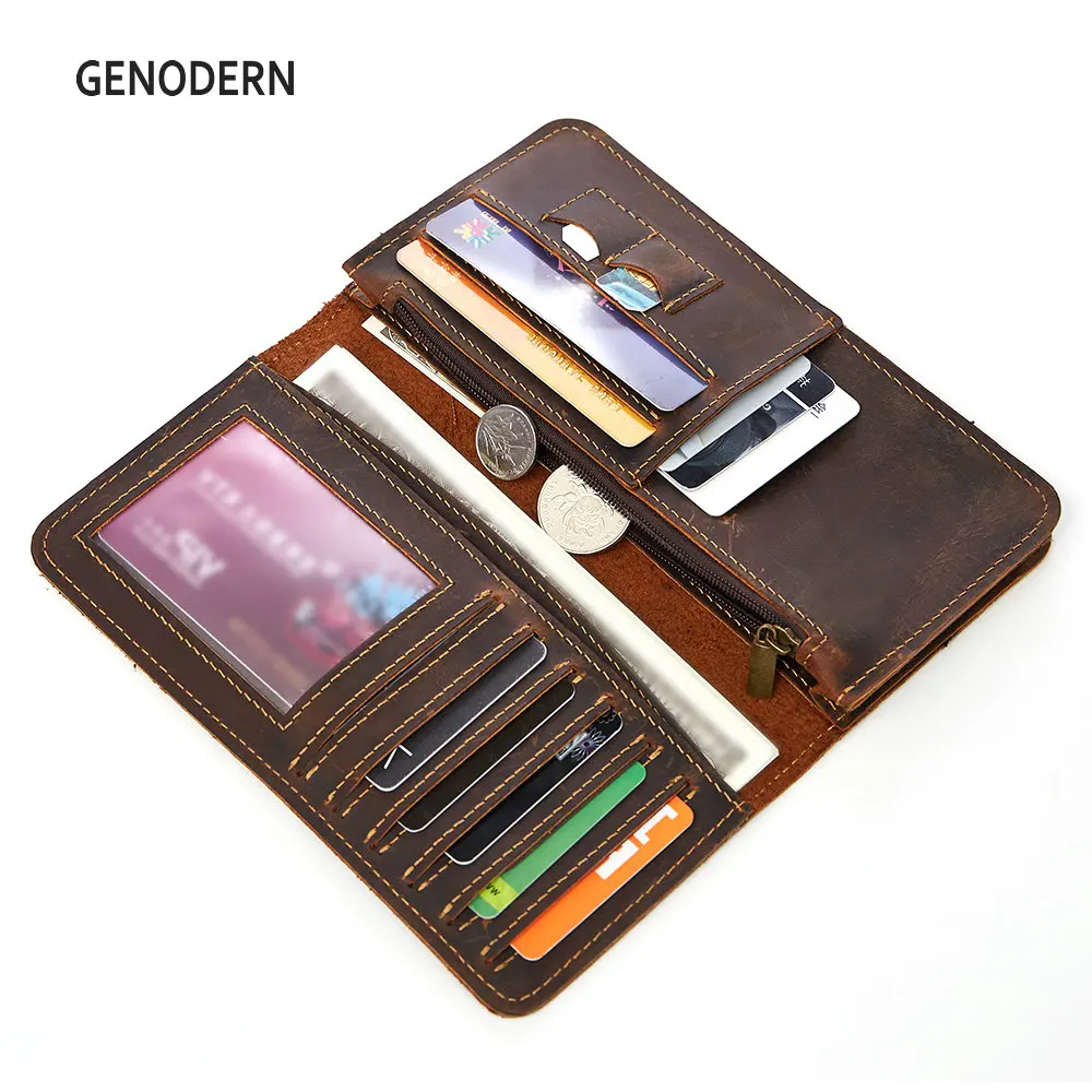 

GENODERN Genuine Leather Men Wallet Vintage Long Purse for Men Slim Business Male Clutch Wallets Cowhide Leather Wallets for Men