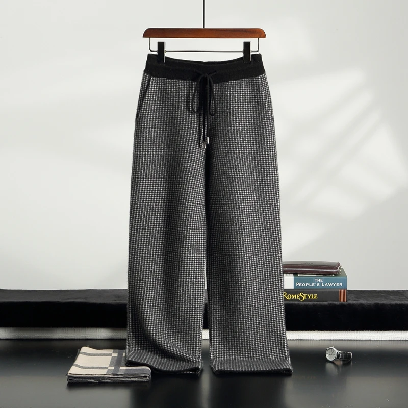 

Houndstooth Color Block Thickened 100% Pure Cashmere Pants Men High Waist Knitted Straight Pants Versatile Wide Leg Pants
