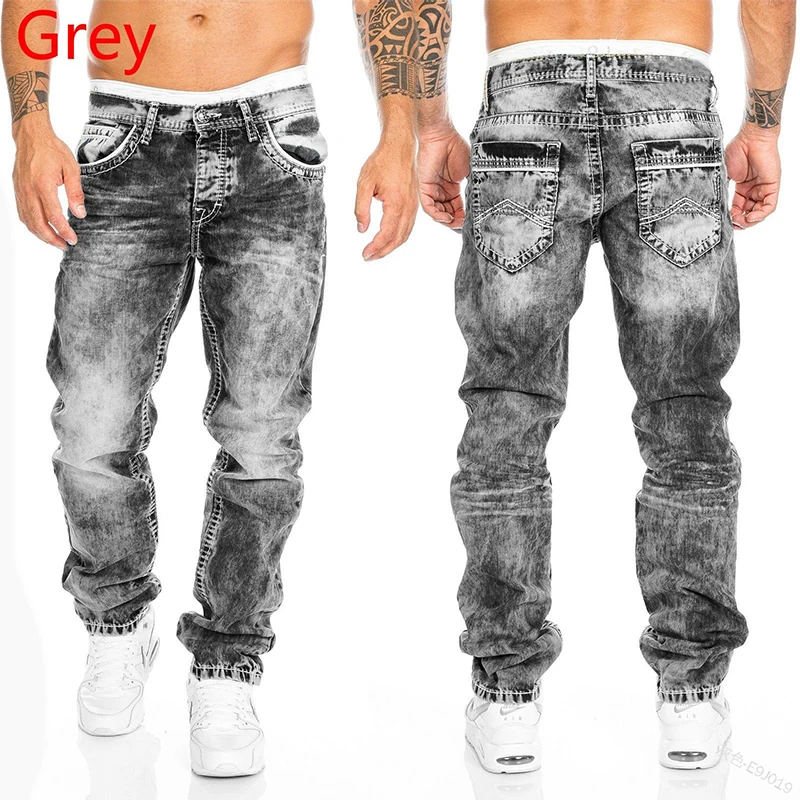 Jeans reto masculino com costura dupla, calça jeans longa, calça slim fit, streetwear punk, lavada retrô, hip hop, na moda