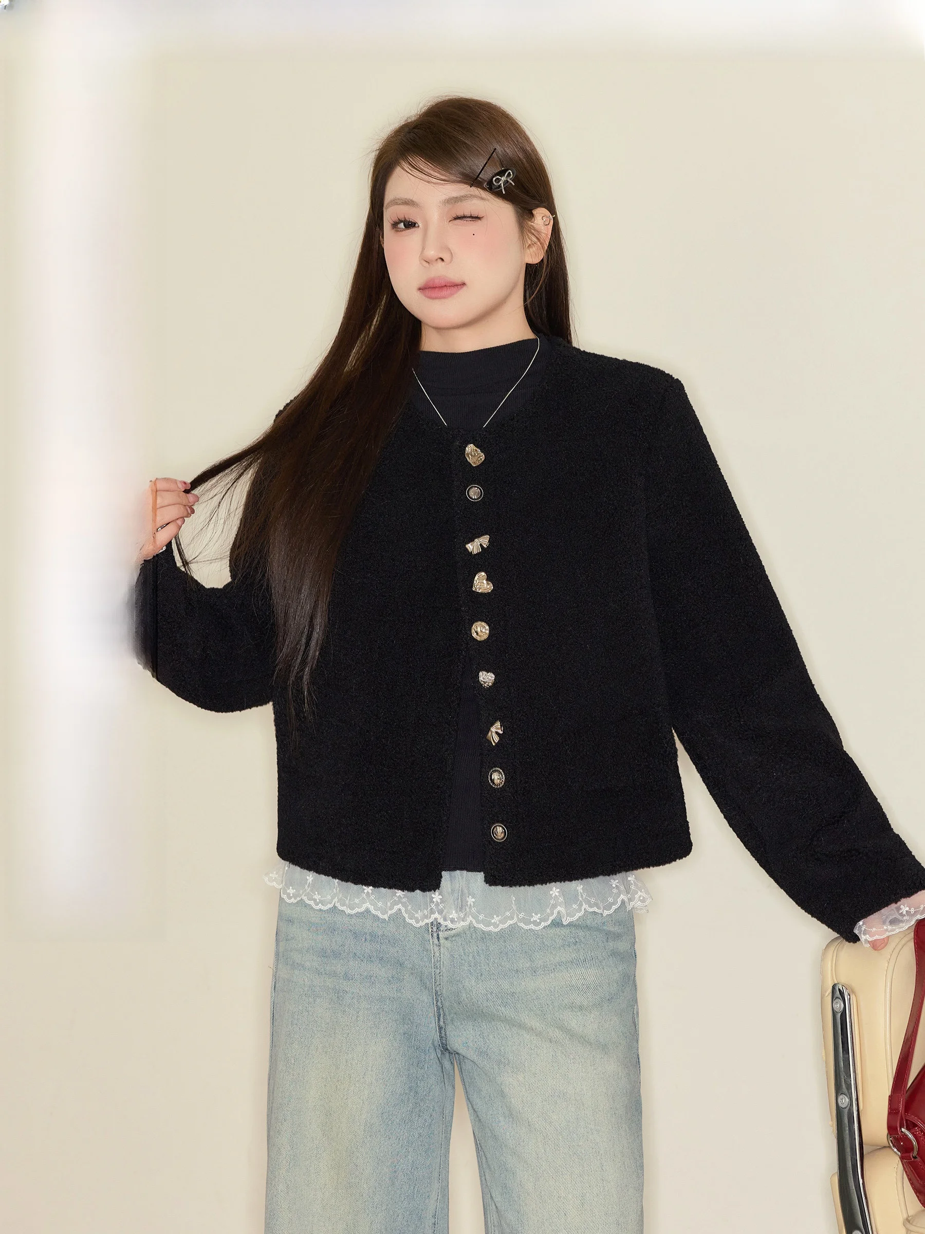 

Juu Studio "Lovicchi Dinner" plus Size round Ne Lamb Fur Jaet High-End Feeling Women's Outerwear Commute Sle Polyester