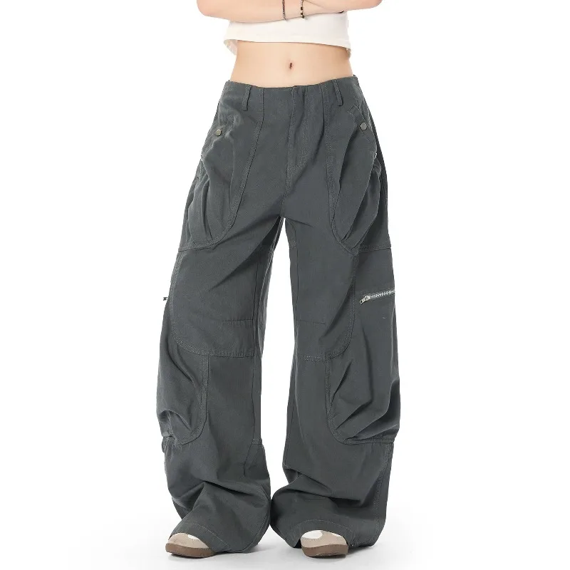 OR FL American High Street Multiple Pockets Fold 100 Cotton Women Cargo Trousers Trendy Brand Wide Leg Floor-length Trousers Y2k