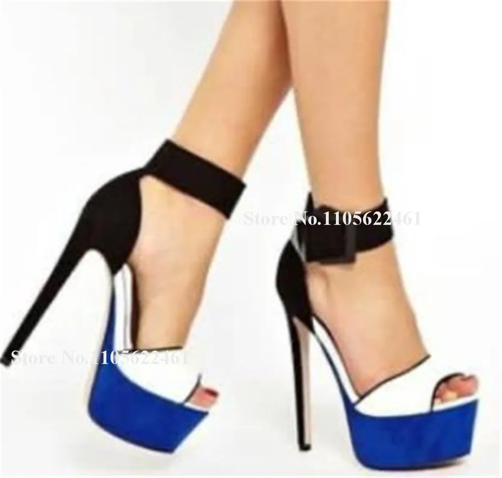 Kqaoqao White Blue Patchwork Stiletto Heel Sandals Peep Toe Suede Ankle Strap Buckles High Platform Thin Heel Party Heels