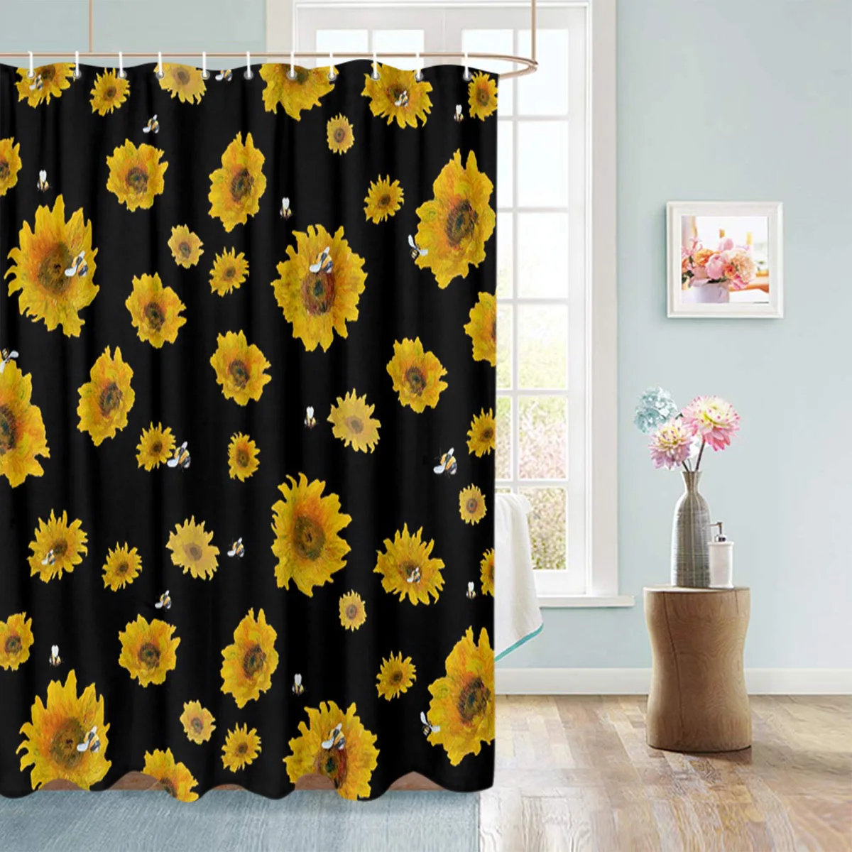 1pc Sunflower & Bee Shower Curtain - Vibrant Black Background with Golden Sunflowers & Bees Design, Waterproof Polyester, Machin