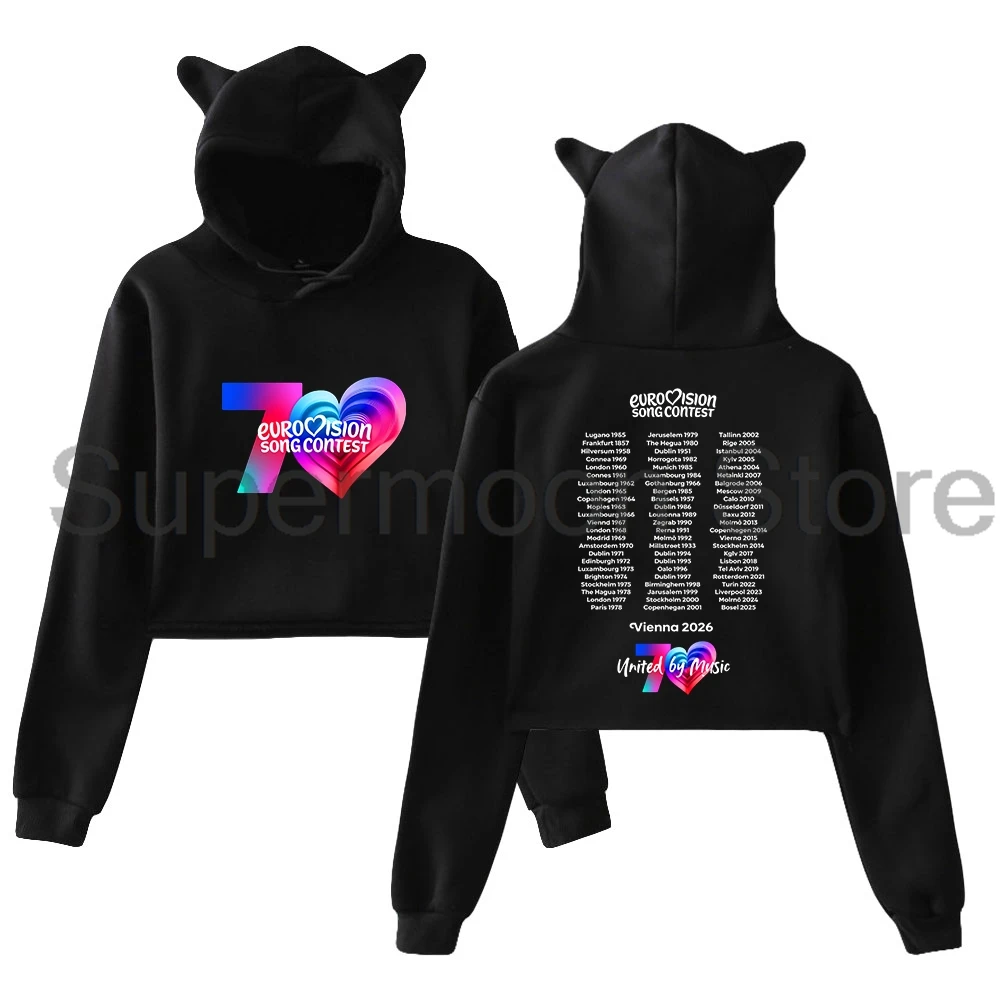 Eurovision Song Contest Vienna 2026 Merch Hoodie Cat Ears Hooded Sweatshirt Long Sleeve Crop Top Women's Clothes