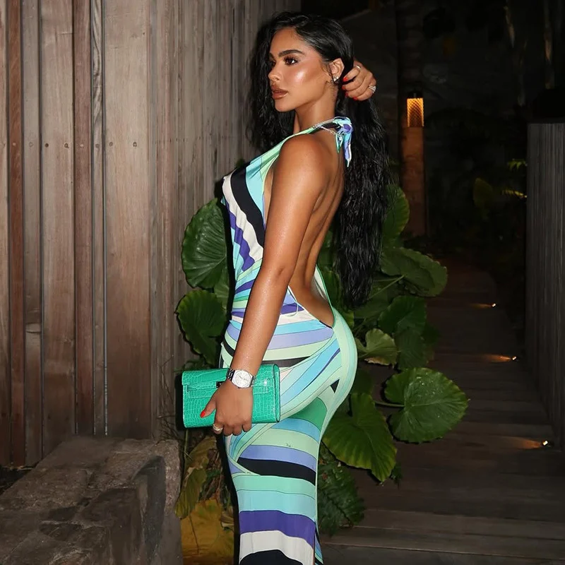 Sexy multi impressão ruched bodycon maxi vestido feminino elegante noite clube festa halter swinging colarinho sem costas vestidos longos de baile robe