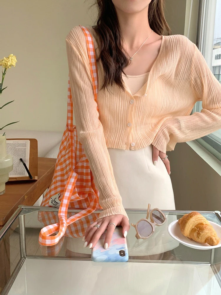 GAODINGLAN Ice Silk Knitted Sunscreen Cardigan Women Long Sleeve Thin Shawl Summer Solid Slightly Transparent Cover Up Outwear