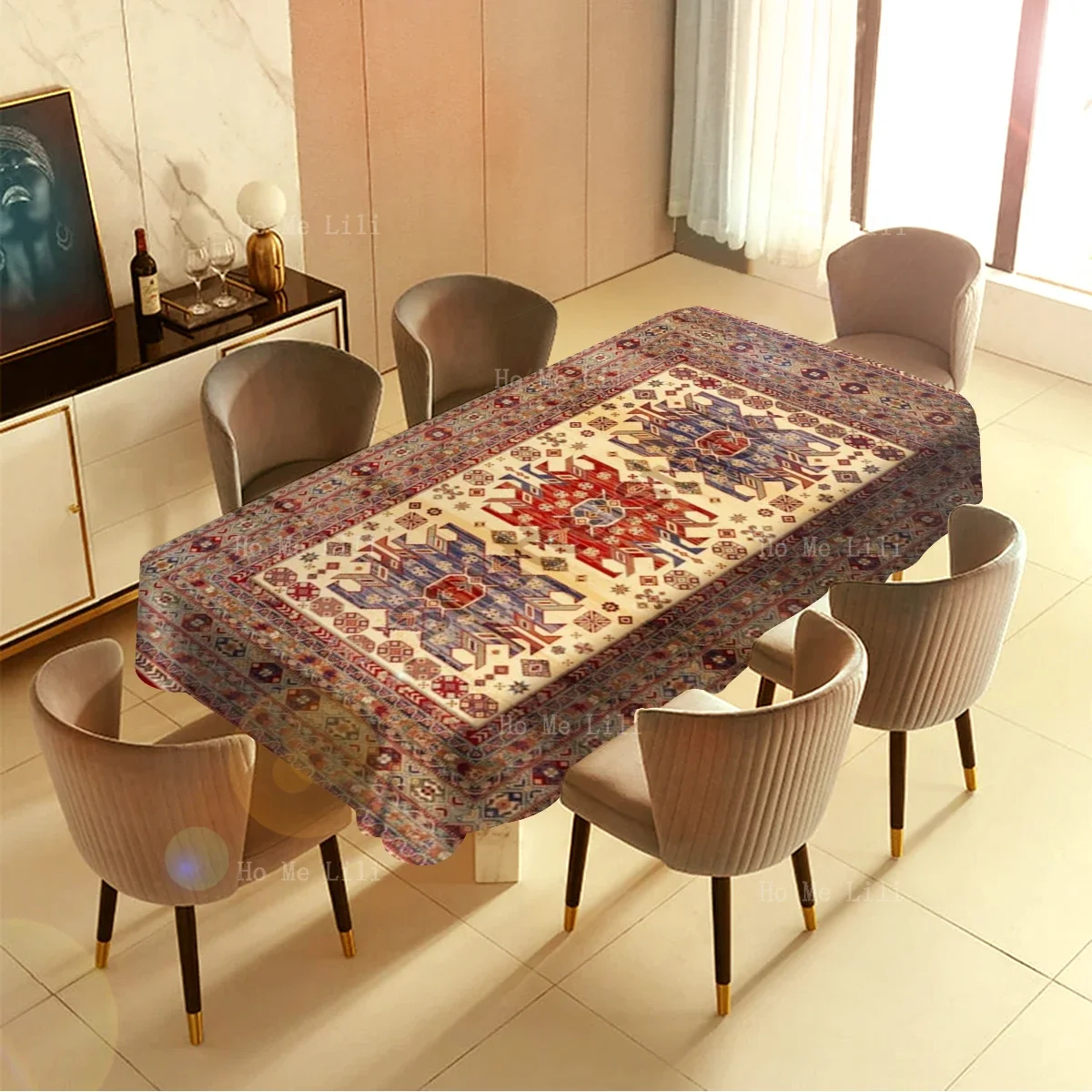 Classic Red Transitional Geometry Pattern Antique Turkish Persian Tribe Texture Polyester Fabric Tablecloth