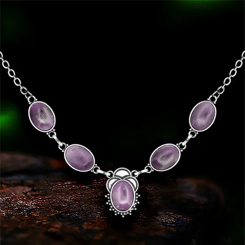 Vintage Natural Stone Jades Necklace For Women Antique Silver Plated Flower Tiger Eye Quartz Lapis Lazuli Fashion Jewelry