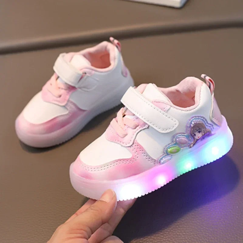 Children\'s Led Sneakers Girls Cute Cartton Princess Shoes Toddler Non-slip Luminous Footwear Kids Lighted Sneakers Casual Shoes