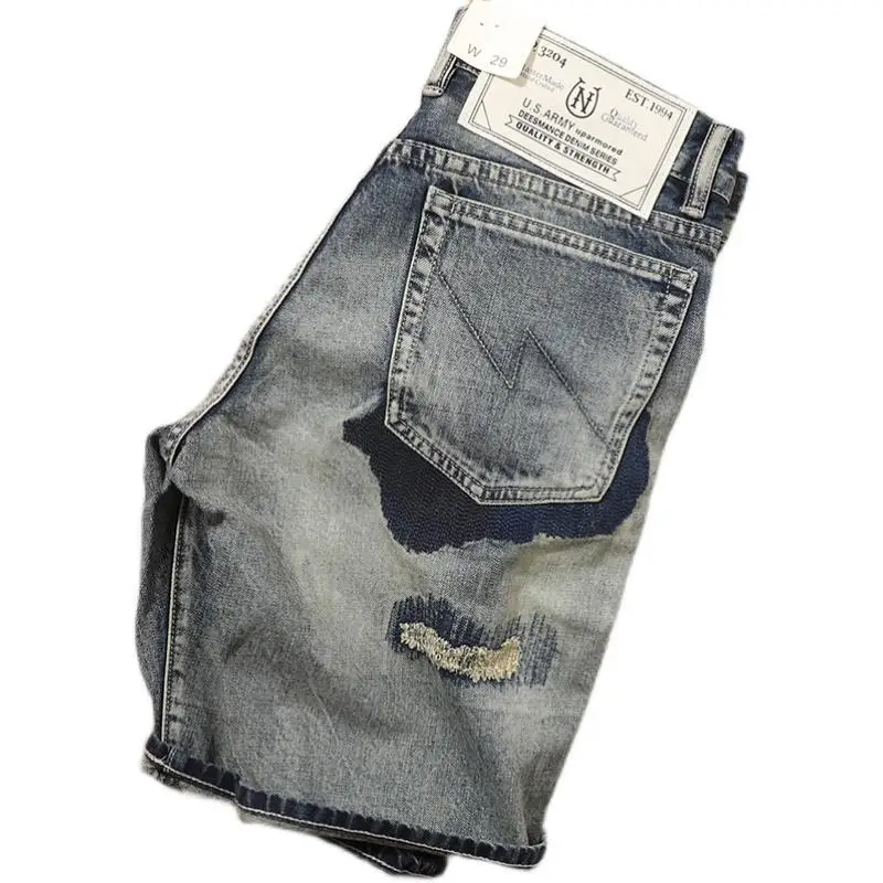 High Quality Luxury Clothes Vintage Patchwork Denim Shorts Men\'s Casual Knee Length Jeans Retro Washed Cotton Short Pants Summer