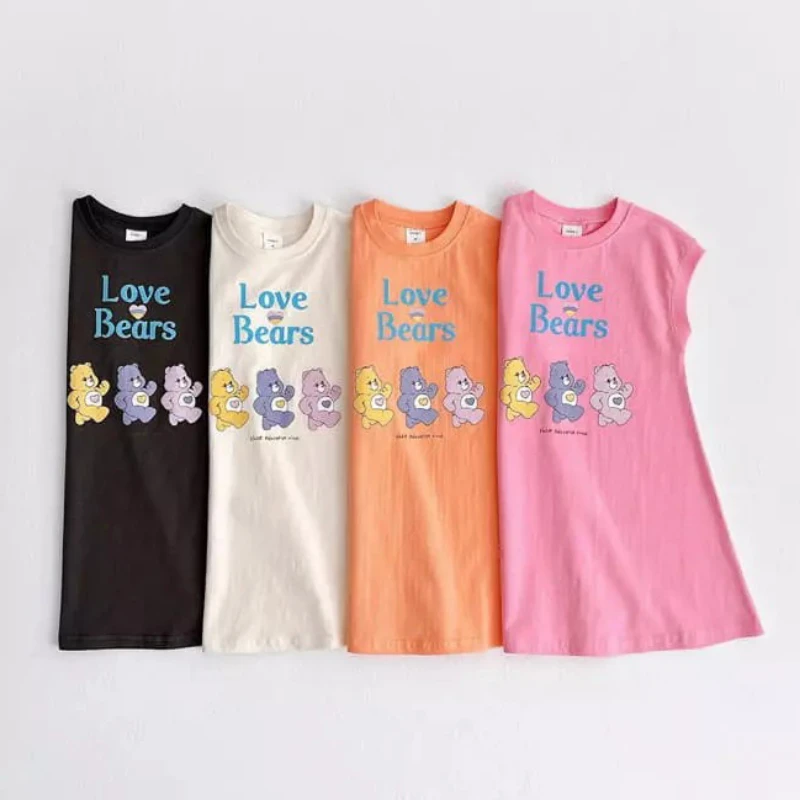 Summer New Girls Love Bear Cartoon Dress 2024 Korean New Baby Girl Cute Printed Casual Loose Sleeveless Dresses