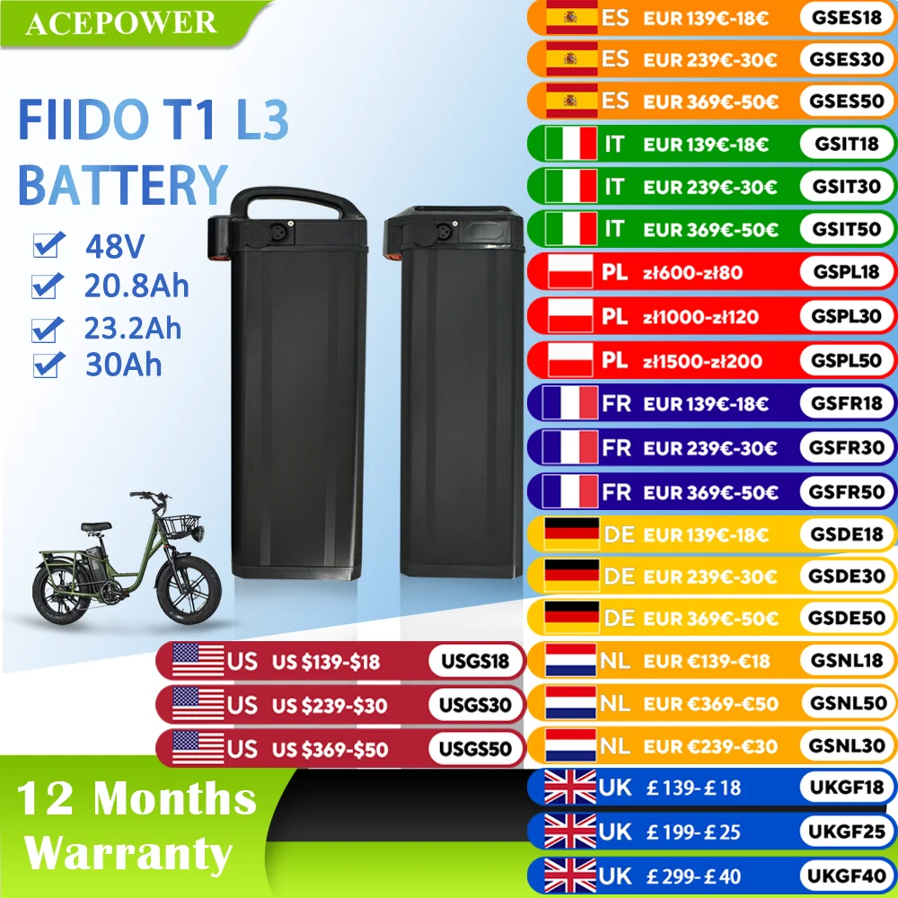 For Fiido T1 Heybike Explore Vivi Z8 Wallke H6 Engwe O14 Battery Ebike Battery 48V 20.8Ah 30Ah Folding Electric Bike Batteries